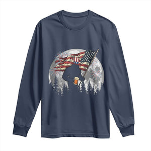 Bigfoot Drinking Beer 4th of July Long Sleeve Shirt Sasquatch Hiking Moon American Flag TS14 Navy Print Your Wear