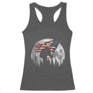 Bigfoot Drinking Beer 4th of July Racerback Tank Top Sasquatch Hiking Moon American Flag TS14 Dark Heather Print Your Wear