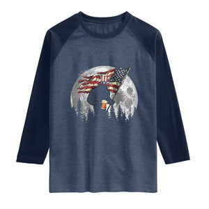 Bigfoot Drinking Beer 4th of July Raglan Shirt Sasquatch Hiking Moon American Flag TS14 Heather Denim Navy Print Your Wear