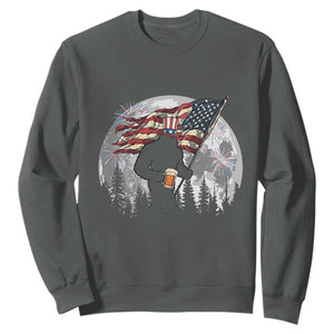 Bigfoot Drinking Beer 4th of July Sweatshirt Sasquatch Hiking Moon American Flag TS14 Dark Heather Print Your Wear