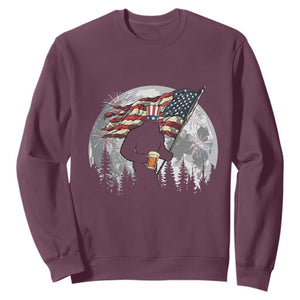 Bigfoot Drinking Beer 4th of July Sweatshirt Sasquatch Hiking Moon American Flag TS14 Maroon Print Your Wear