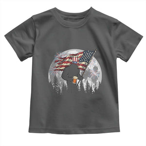 Bigfoot Drinking Beer 4th of July Toddler T Shirt Sasquatch Hiking Moon American Flag TS14 Dark Heather Print Your Wear