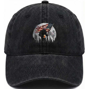 Bigfoot Drinking Beer 4th of July Washed Cotton Baseball Cap Sasquatch Hiking Moon American Flag TS14 Print Your Wear