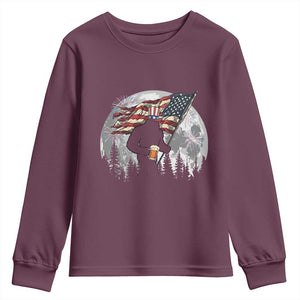 Bigfoot Drinking Beer 4th of July Youth Sweatshirt Sasquatch Hiking Moon American Flag TS14 Maroon Print Your Wear