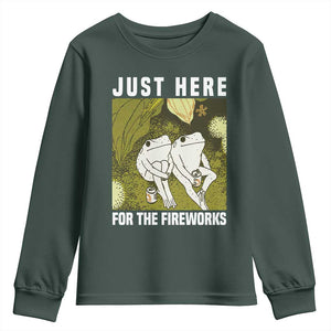 Funny Frog 4th of July Youth Sweatshirt Just Here For The Fireworks TS14 Dark Forest Green Print Your Wear