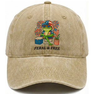 Feral & Free Washed Cotton Baseball Cap Funny 4th of July Patriotic Frog Lovers TS14 Washed Cap Universal Fit Khaki Print Your Wear