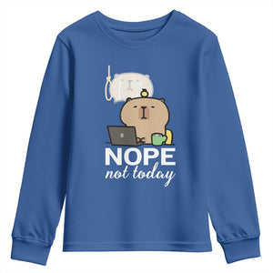 Nope Not Today Youth Sweatshirt Funny Lazy Capybara Meme TS14 Royal Blue Print Your Wear