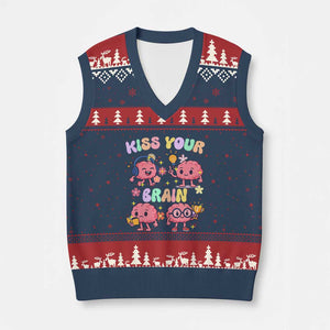 Kiss Your Brain V-Neck Knit Sweater Vest Funny Teacher TS14 Navy Red Print Your Wear