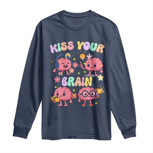 Kiss Your Brain Long Sleeve Shirt Funny Teacher TS14 Navy Print Your Wear