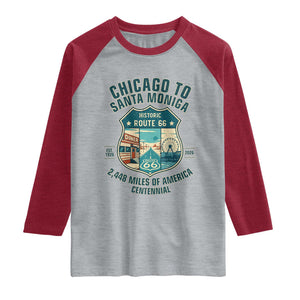Route Highway 66 Chicago Santa Monica Vintage America Road Trip Raglan Shirt TS14 Heather Gray Heather Red Print Your Wear