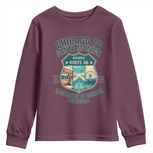 Route Highway 66 Chicago Santa Monica Vintage America Road Trip Youth Sweatshirt TS14 Maroon Print Your Wear