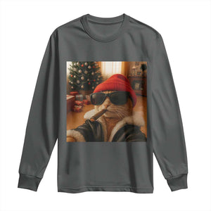 Funny Gangster Cats Christmas Long Sleeve Shirt Smoking Kitten Meme TS14 Dark Heather Print Your Wear