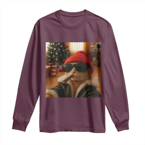 Funny Gangster Cats Christmas Long Sleeve Shirt Smoking Kitten Meme TS14 Maroon Print Your Wear