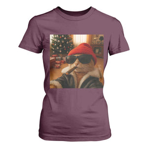 Funny Gangster Cats Christmas T Shirt For Women Smoking Kitten Meme TS14 Maroon Print Your Wear