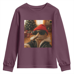 Funny Gangster Cats Christmas Youth Sweatshirt Smoking Kitten Meme TS14 Maroon Print Your Wear