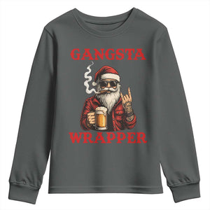Funny Santa Drinking Beer Christmas Youth Sweatshirt Gangster Rock On Hand Xmas TS14 Dark Heather Print Your Wear