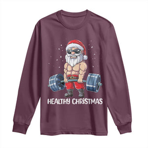 Funny Santa Gym Xmas Long Sleeve Shirt Healthy Christmas TS14 Maroon Print Your Wear