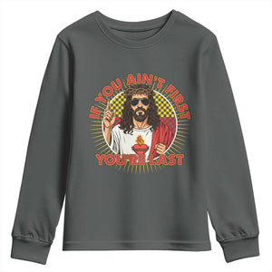 Funny Jesus Racing Youth Sweatshirt If You Are Not First You Are Last TS14 Dark Heather Print Your Wear