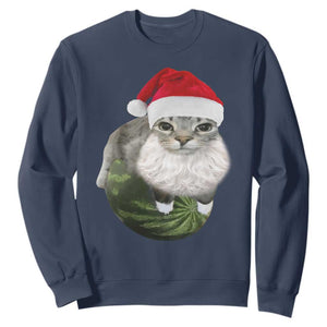 Watermelon Cat Christmas Sweatshirt Funny Silly Kitten Meme TS14 Navy Print Your Wear
