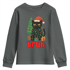 Funny Cat Bruh Christmas Youth Sweatshirt Silly Meme Kitty Xmas TS14 Dark Heather Print Your Wear