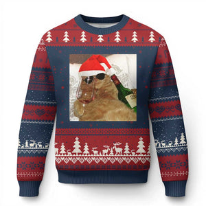 Funny Cat Drinking Wine Xmas Ugly Christmas Sweater TS14 Navy Red Print Your Wear