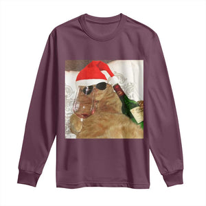 Funny Cat Drinking Wine Christmas Long Sleeve Shirt TS14 Maroon Print Your Wear