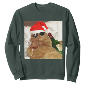 Funny Cat Drinking Wine Christmas Sweatshirt TS14 Dark Forest Green Print Your Wear