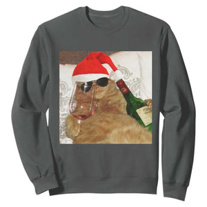 Funny Cat Drinking Wine Christmas Sweatshirt TS14 Dark Heather Print Your Wear