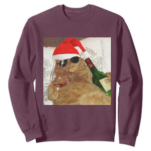 Funny Cat Drinking Wine Christmas Sweatshirt TS14 Maroon Print Your Wear