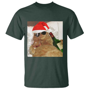 Funny Cat Drinking Wine Christmas T Shirt TS14 Dark Forest Green Print Your Wear