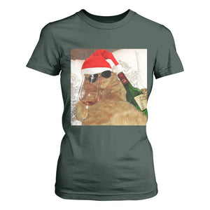 Funny Cat Drinking Wine Christmas T Shirt For Women TS14 Dark Forest Green Print Your Wear