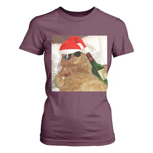 Funny Cat Drinking Wine Christmas T Shirt For Women TS14 Maroon Print Your Wear