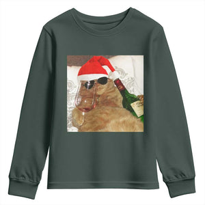 Funny Cat Drinking Wine Christmas Youth Sweatshirt TS14 Dark Forest Green Print Your Wear