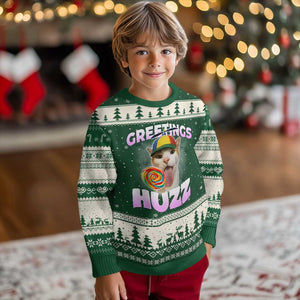 Funny Cat Meme Ugly Christmas Sweater Greetings Huzz TS14 Forest Green Beige Print Your Wear