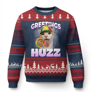 Funny Cat Meme Ugly Christmas Sweater Greetings Huzz TS14 Navy Red Print Your Wear