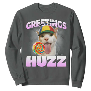Funny Cat Meme Sweatshirt Greetings Huzz TS14 Dark Heather Print Your Wear