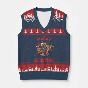 Black Santa Claus V-Neck Knit Sweater Vest African American Cowboy Xmas - Print Your Wear
