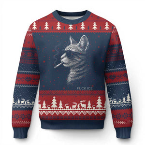 Fck Ice Ugly Christmas Sweater Funny Cat Smoking Anti ICE Meme TS14 Navy Red Print Your Wear
