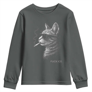 Fck Ice Youth Sweatshirt Funny Cat Smoking Anti ICE Meme TS14 Dark Heather Print Your Wear