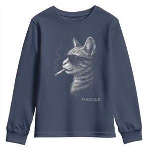 Fck Ice Youth Sweatshirt Funny Cat Smoking Anti ICE Meme TS14 Navy Print Your Wear