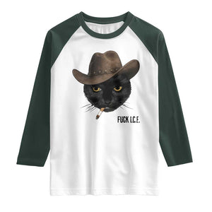 Funny Cowboy Cat Smoking Anti ICE Protest Meme Raglan Shirt TS14 White Dark Forest Green Print Your Wear
