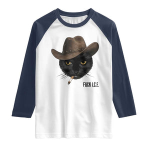 Funny Cowboy Cat Smoking Anti ICE Protest Meme Raglan Shirt TS14 White Navy Print Your Wear