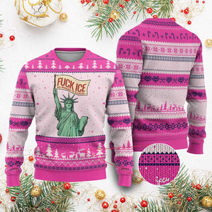 Fck Ice No Human Is Illegal Ugly Christmas Sweater Statue of Liberty Anti ICE Immigration Human Rights Protest TS14 Hot Pink Print Your Wear