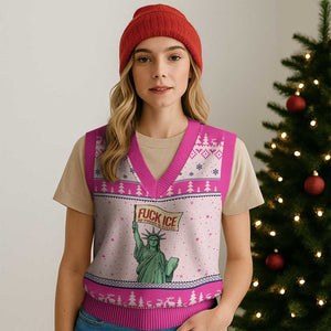 Fck Ice No Human Is Illegal V-Neck Knit Sweater Vest Statue of Liberty Anti ICE Immigration Human Rights Protest TS14 Hot Pink Print Your Wear