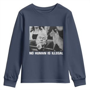 No Human Is Illegal Youth Sweatshirt Funny Cat Anti ICE Meme TS14 Navy Print Your Wear