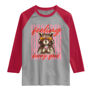 Feeling Berry Good Raglan Shirt Funny Raccoon Strawberry Summer Vibes TS14 Sport Gray Red Print Your Wear
