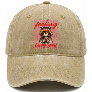 Feeling Berry Good Washed Cotton Baseball Cap Funny Raccoon Strawberry Summer Vibes TS14 Print Your Wear