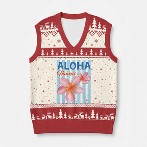 Aloha Hawaii V-Neck Knit Sweater Vest Hibiscus Flower Tropical Beach Vacation