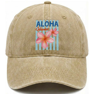 Aloha Hawaii Washed Cotton Baseball Cap Hibiscus Flower Tropical Beach Vacation