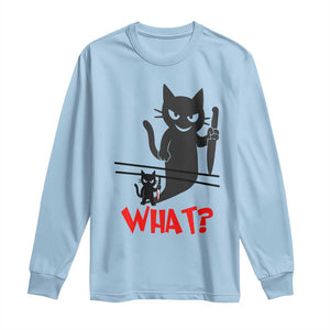 Murder Cat What Long Sleeve Shirt Funny Black Kitty Holding Knife Meme TS14 Light Blue Print Your Wear